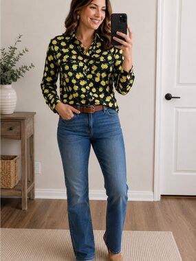 Jones New York Women’s Small 100% Cotton Lemon Print Button Front Black Shirt